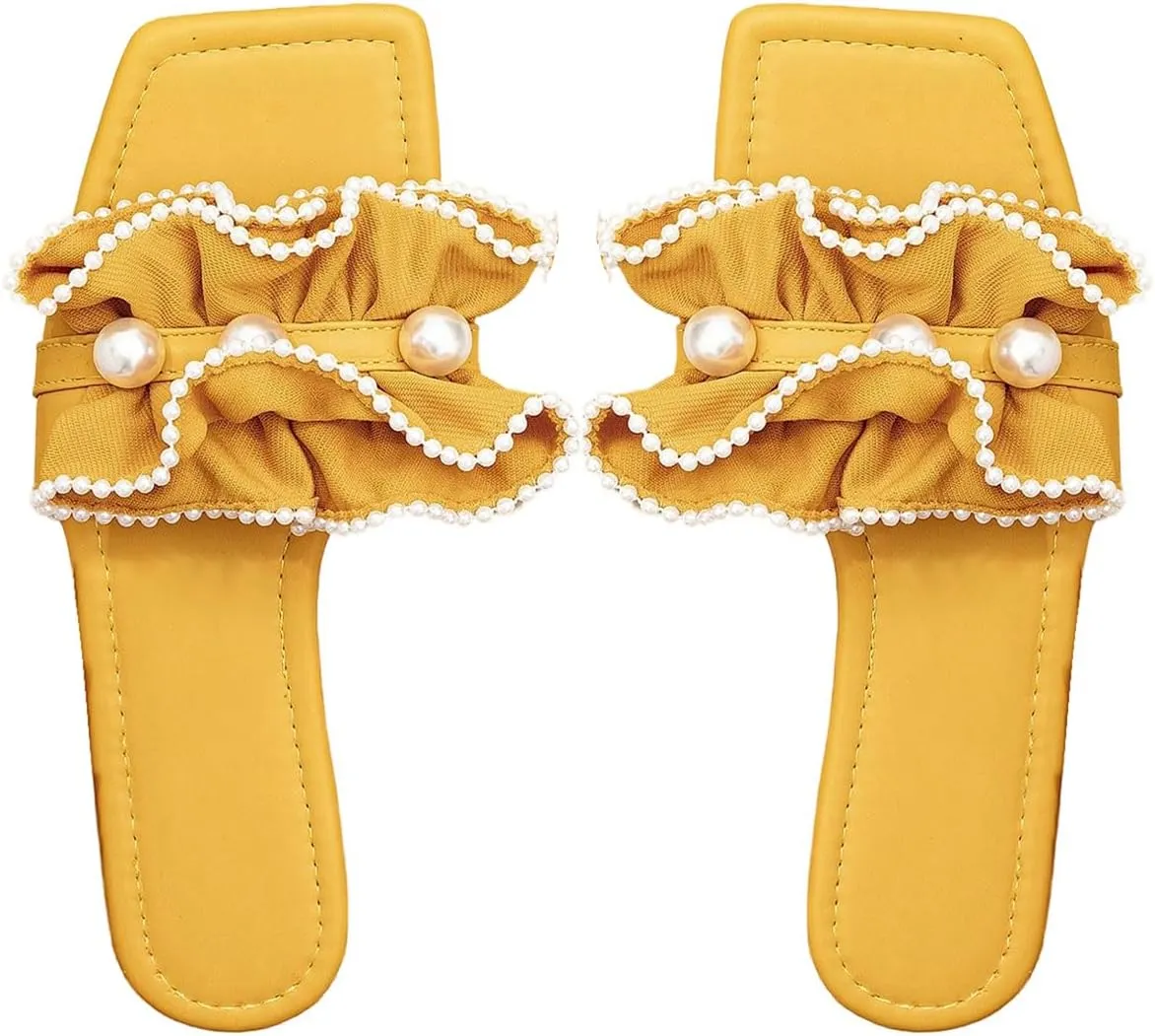 Verdusa Women's Ruffle Pearl Sandals Square Toe Slip on Slides Summer Slippers