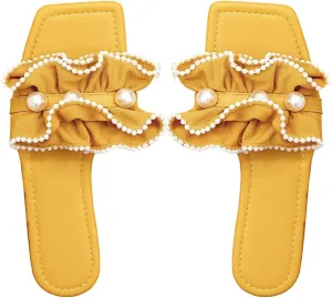 Verdusa Women's Ruffle Pearl Sandals Square Toe Slip on Slides Summer Slippers
