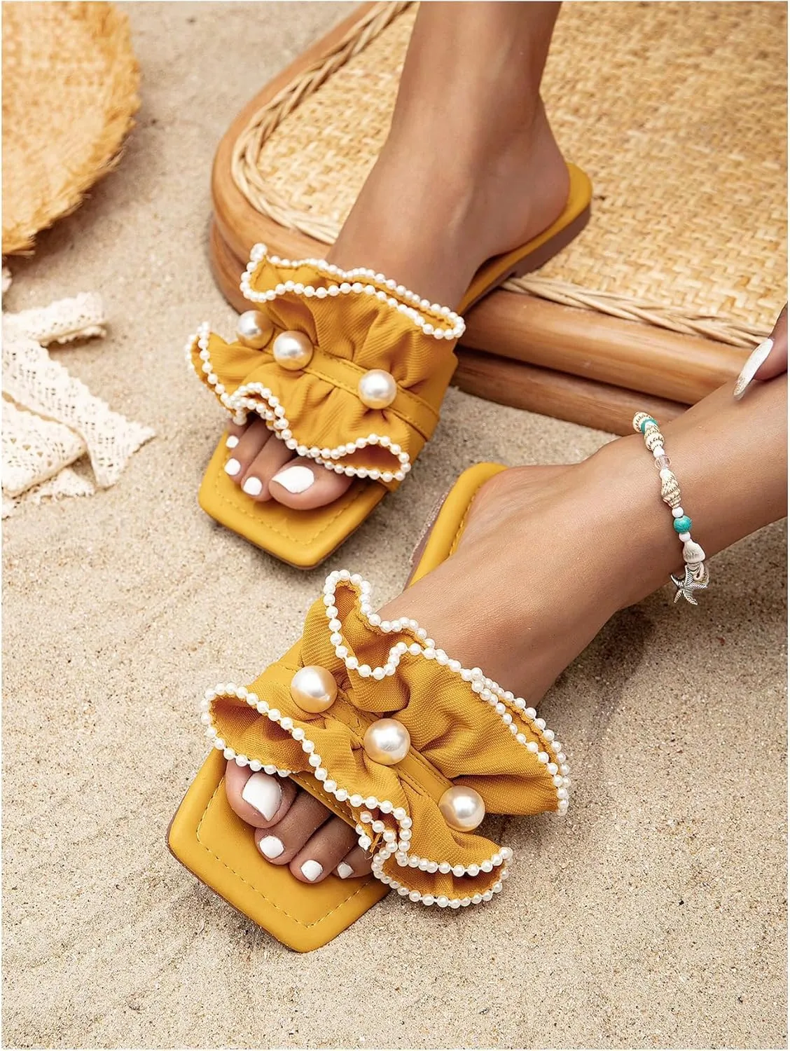 Verdusa Women's Ruffle Pearl Sandals Square Toe Slip on Slides Summer Slippers