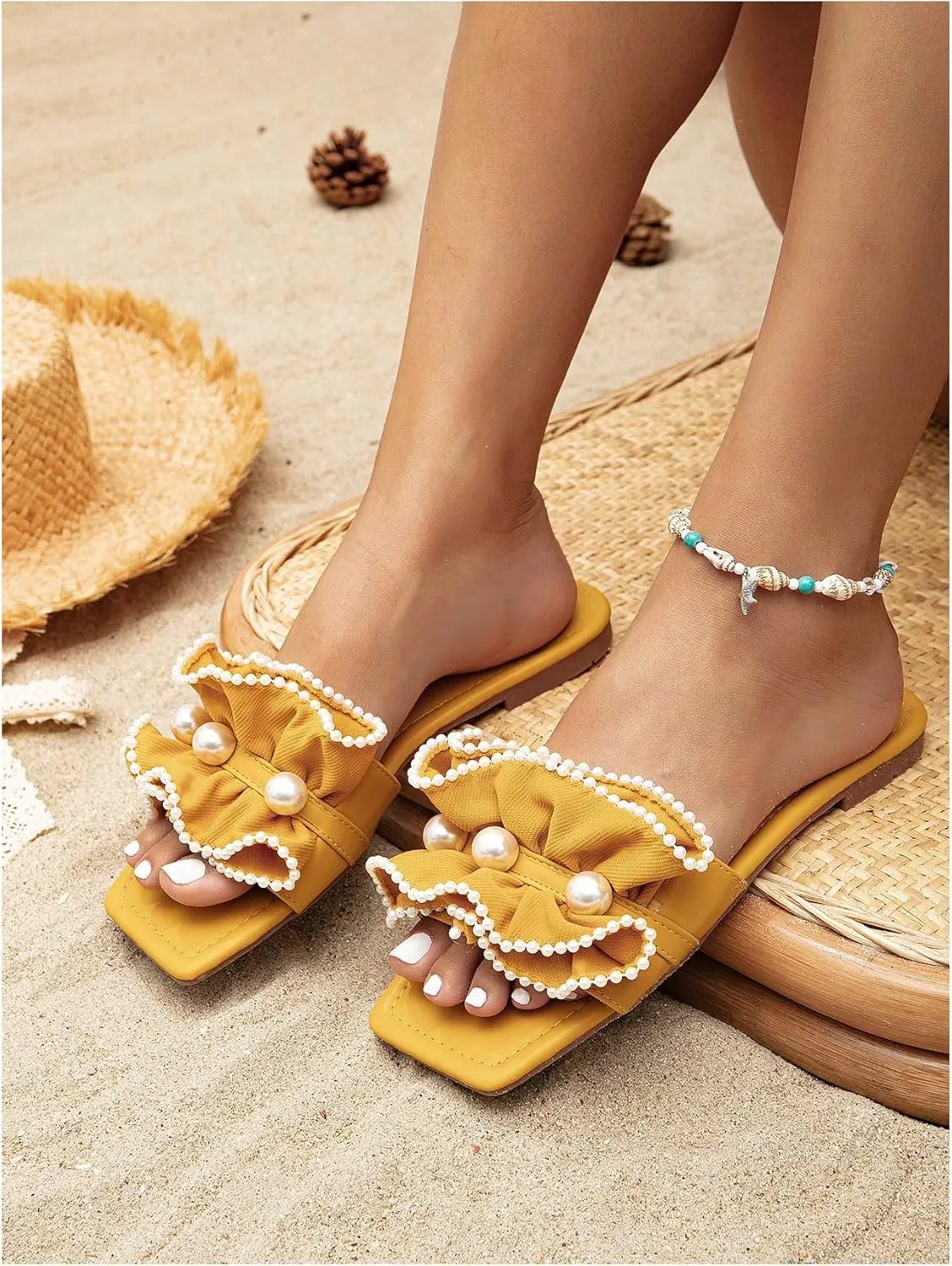 Verdusa Women's Ruffle Pearl Sandals Square Toe Slip on Slides Summer Slippers