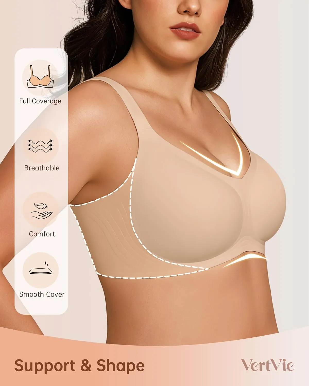 Vertvie Bras for Women No Underwire Wireless Support Bra Underarm-Smoothing Seamless Push Up Full Coverage T-Shirt Sports Bra