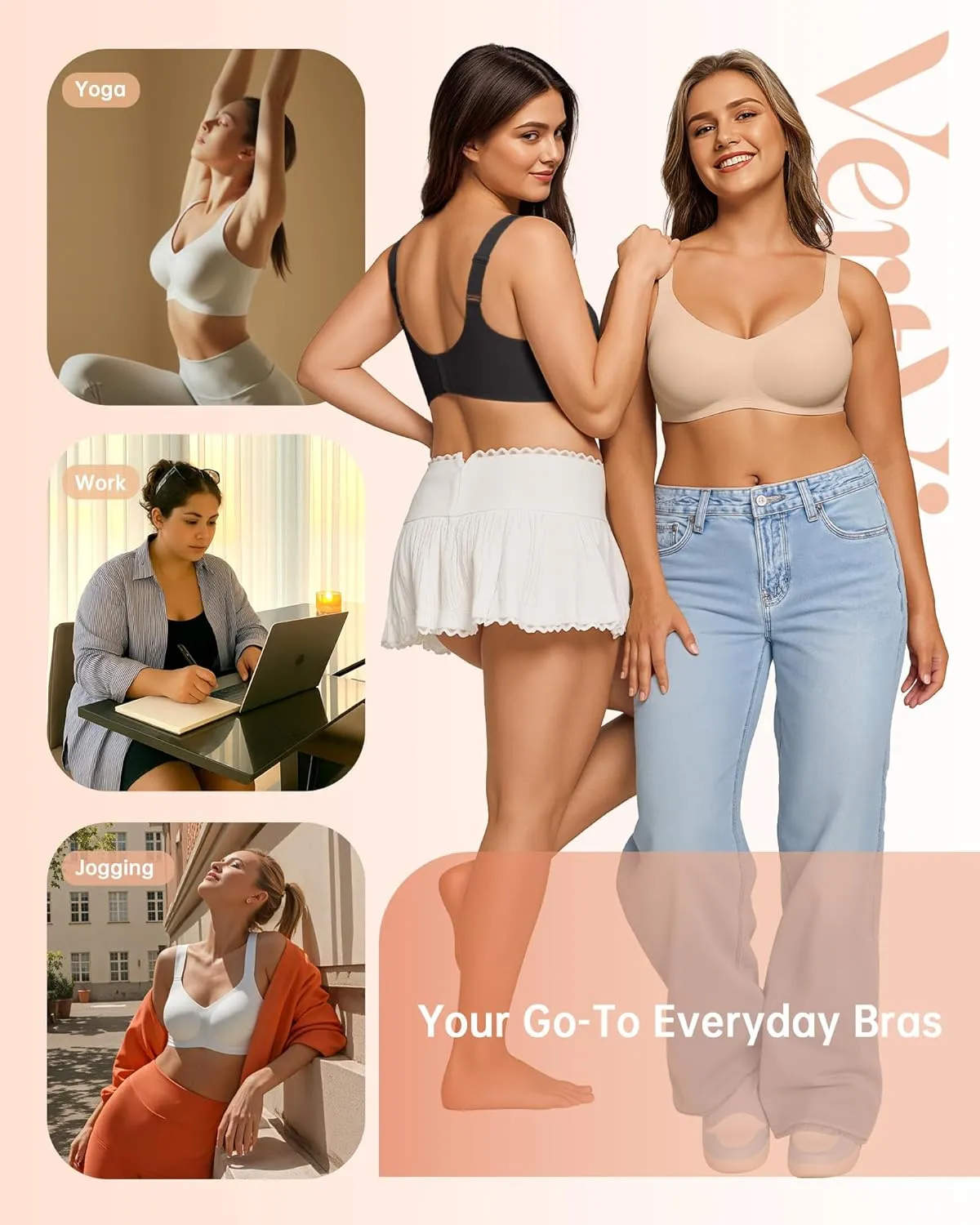 Vertvie Bras for Women No Underwire Wireless Support Bra Underarm-Smoothing Seamless Push Up Full Coverage T-Shirt Sports Bra
