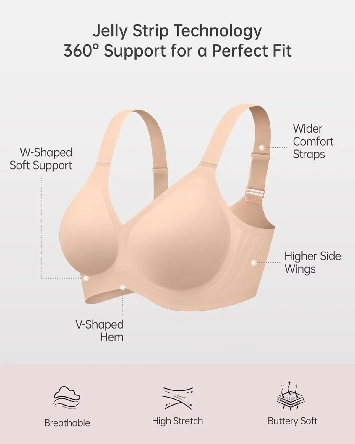 Vertvie Bras for Women No Underwire Wireless Support Bra Underarm-Smoothing Seamless Push Up Full Coverage T-Shirt Sports Bra
