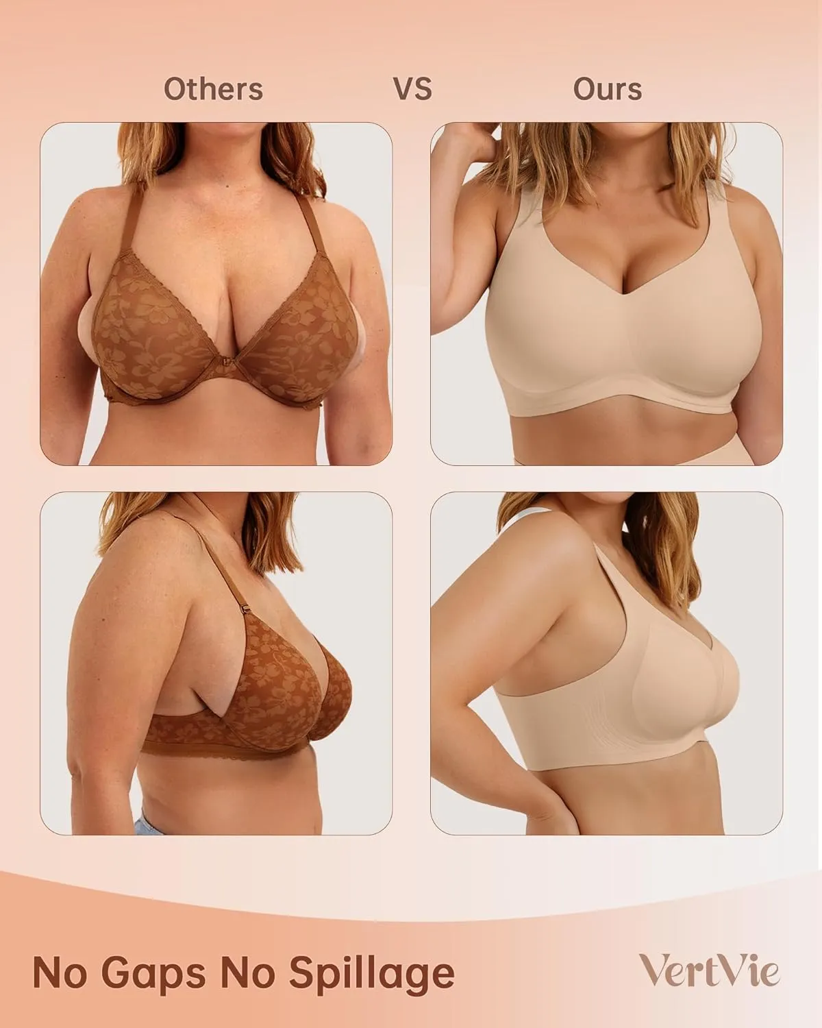 Vertvie Bras for Women No Underwire Wireless Support Bra Underarm-Smoothing Seamless Push Up Full Coverage T-Shirt Sports Bra