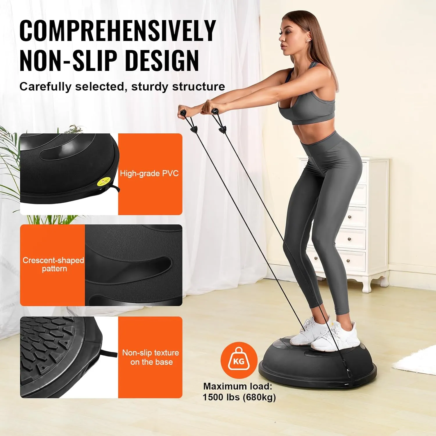 VEVOR Half Exercise Ball Trainer, 23/26 inch Balance Ball Trainer, 1500lbs Capacity Stability Ball, Yoga Ball with Resistance Bands & Foot Pump, Strength Fitness Ball for Home Gym Full Body Workout Black