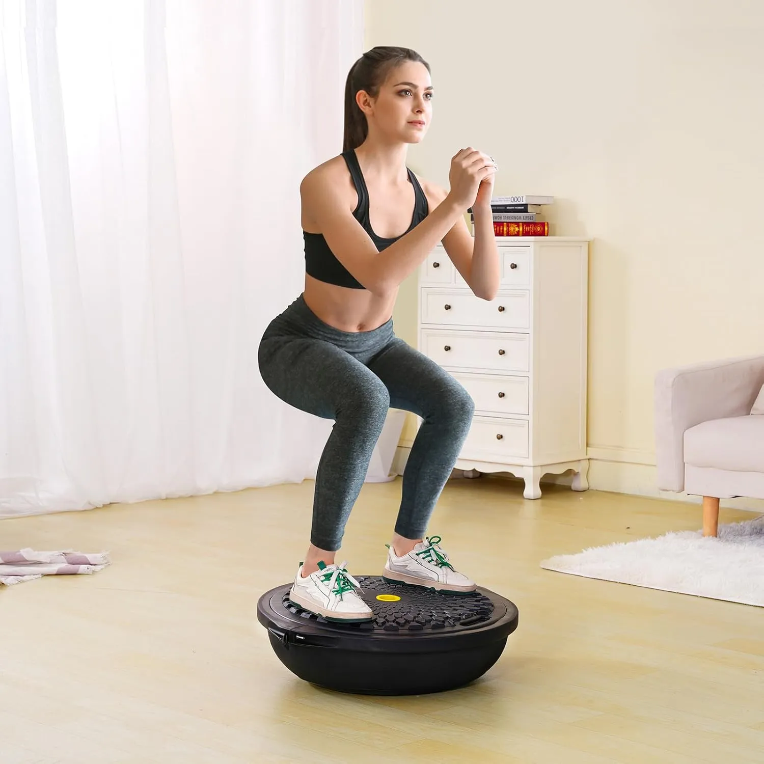 VEVOR Half Exercise Ball Trainer, 23/26 inch Balance Ball Trainer, 1500lbs Capacity Stability Ball, Yoga Ball with Resistance Bands & Foot Pump, Strength Fitness Ball for Home Gym Full Body Workout Black