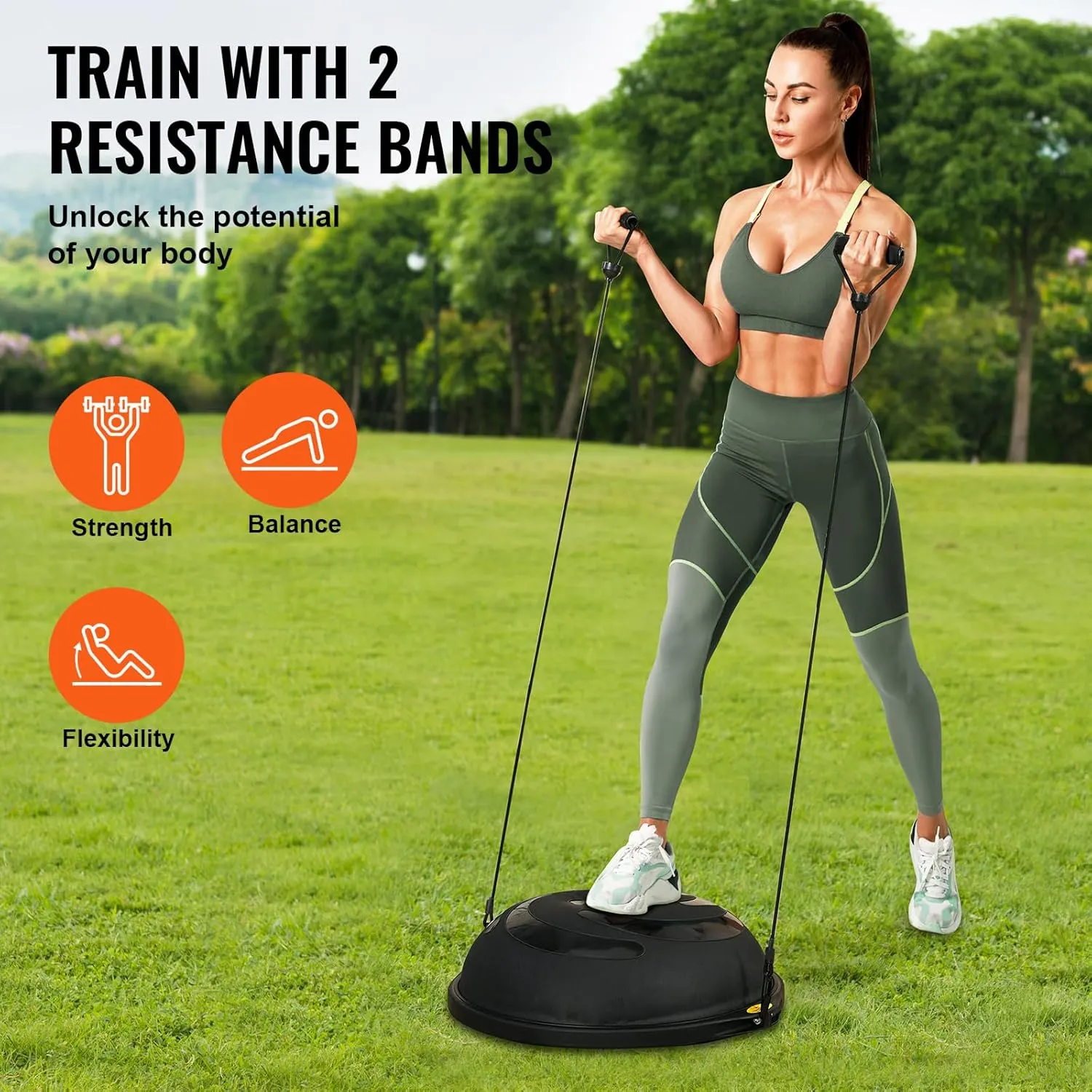 VEVOR Half Exercise Ball Trainer, 23/26 inch Balance Ball Trainer, 1500lbs Capacity Stability Ball, Yoga Ball with Resistance Bands & Foot Pump, Strength Fitness Ball for Home Gym Full Body Workout Black