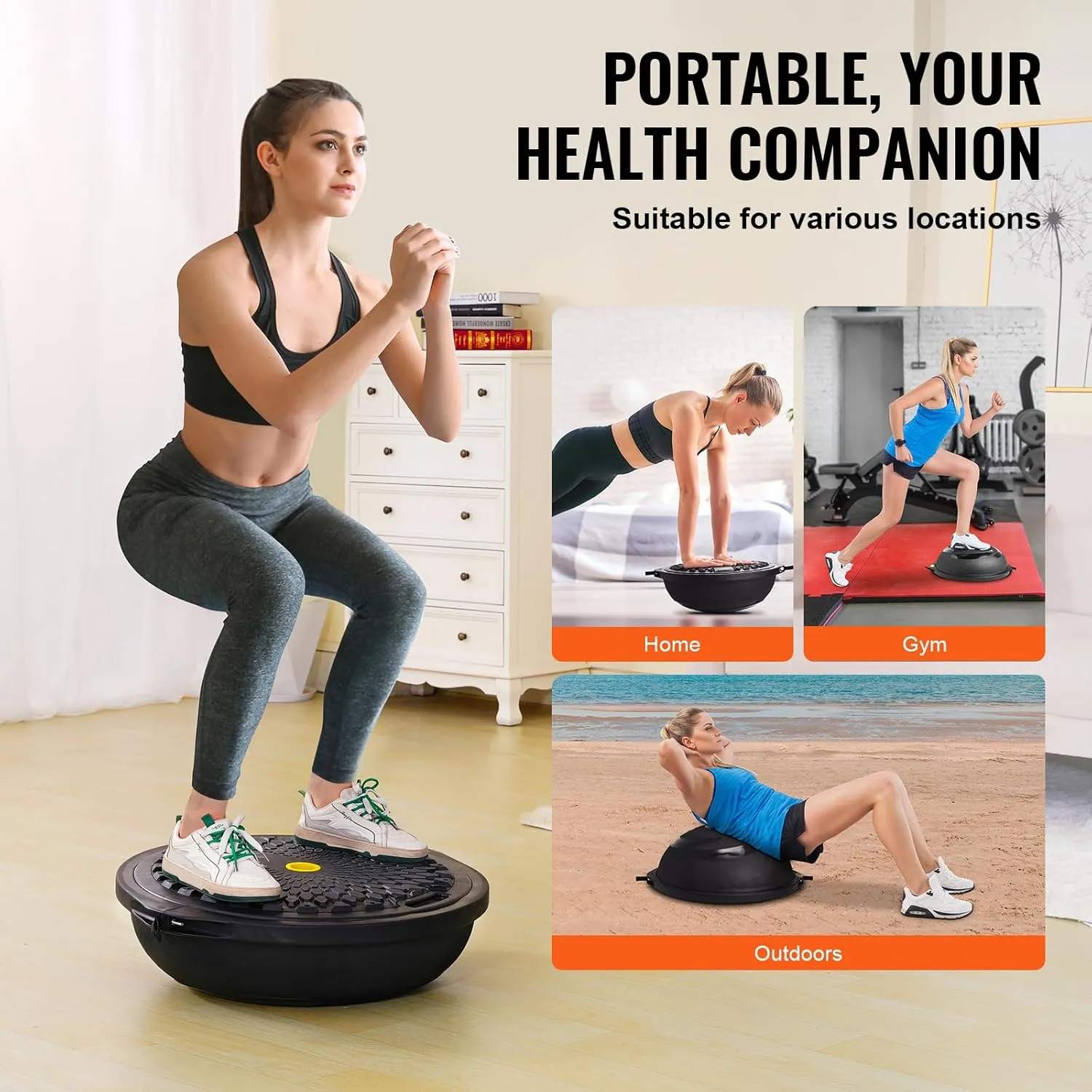 VEVOR Half Exercise Ball Trainer, 23/26 inch Balance Ball Trainer, 1500lbs Capacity Stability Ball, Yoga Ball with Resistance Bands & Foot Pump, Strength Fitness Ball for Home Gym Full Body Workout Black