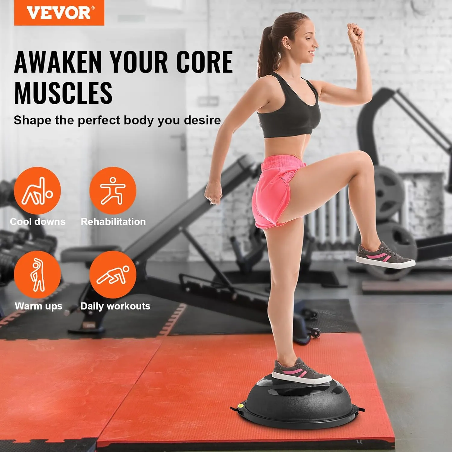 VEVOR Half Exercise Ball Trainer, 23/26 inch Balance Ball Trainer, 1500lbs Capacity Stability Ball, Yoga Ball with Resistance Bands & Foot Pump, Strength Fitness Ball for Home Gym Full Body Workout Black