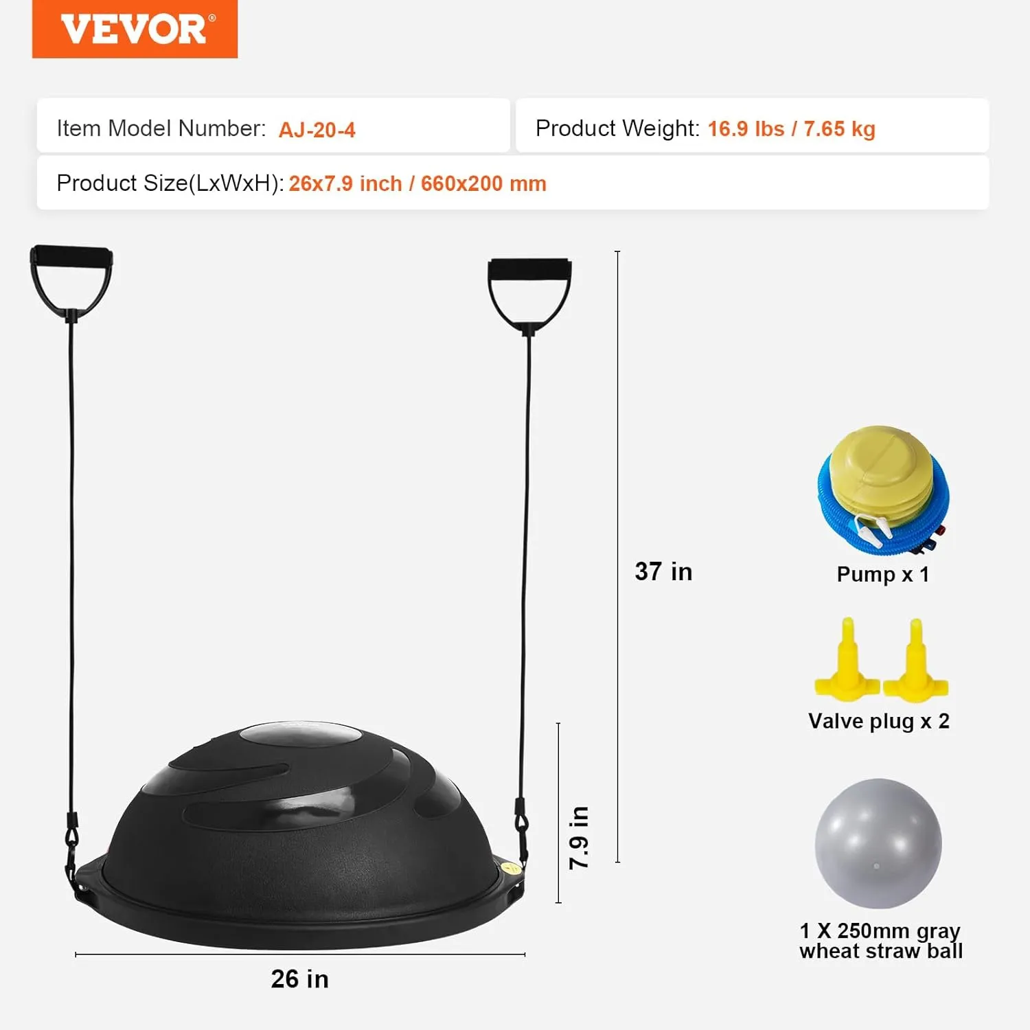 VEVOR Half Exercise Ball Trainer, 23/26 inch Balance Ball Trainer, 1500lbs Capacity Stability Ball, Yoga Ball with Resistance Bands & Foot Pump, Strength Fitness Ball for Home Gym Full Body Workout Black