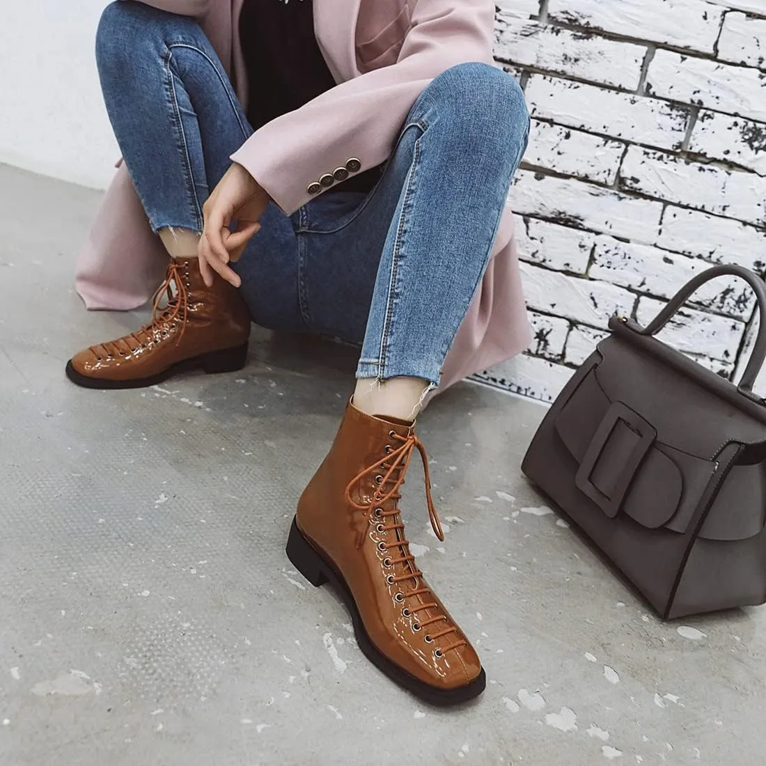 VOKLIN Women's Square Toe Western Dressy Ankle Boots Patent Leather Lace Up Zip Flat Low Heel Short Booties