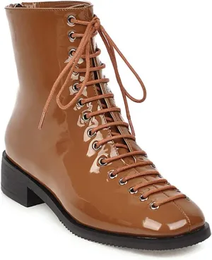 VOKLIN Women's Square Toe Western Dressy Ankle Boots Patent Leather Lace Up Zip Flat Low Heel Short Booties