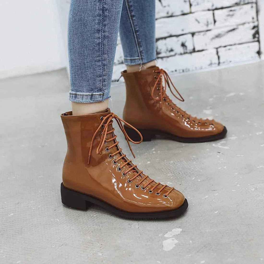 VOKLIN Women's Square Toe Western Dressy Ankle Boots Patent Leather Lace Up Zip Flat Low Heel Short Booties