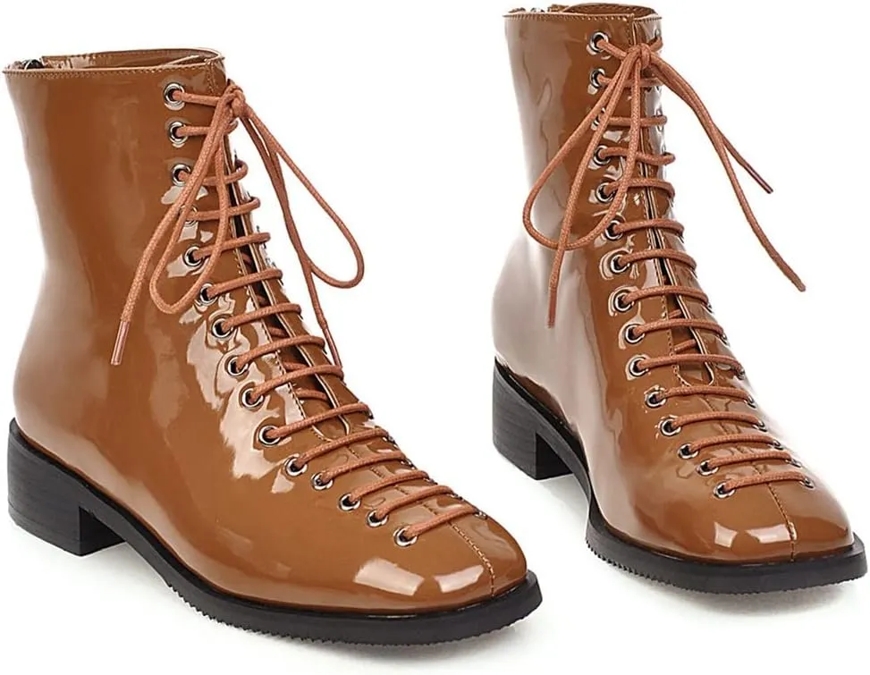 VOKLIN Women's Square Toe Western Dressy Ankle Boots Patent Leather Lace Up Zip Flat Low Heel Short Booties
