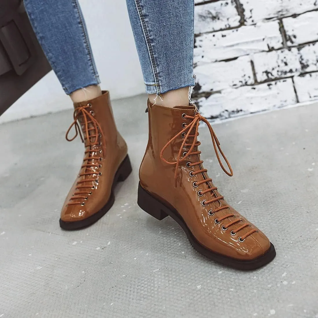 VOKLIN Women's Square Toe Western Dressy Ankle Boots Patent Leather Lace Up Zip Flat Low Heel Short Booties