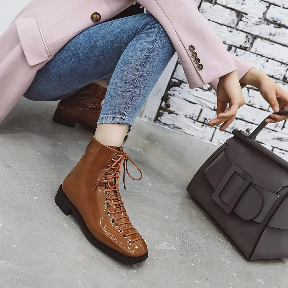 VOKLIN Women's Square Toe Western Dressy Ankle Boots Patent Leather Lace Up Zip Flat Low Heel Short Booties