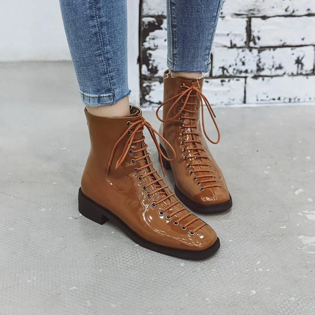 VOKLIN Women's Square Toe Western Dressy Ankle Boots Patent Leather Lace Up Zip Flat Low Heel Short Booties