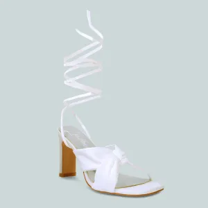 White Ruched Satin Tie Up Block Heeled Sandals