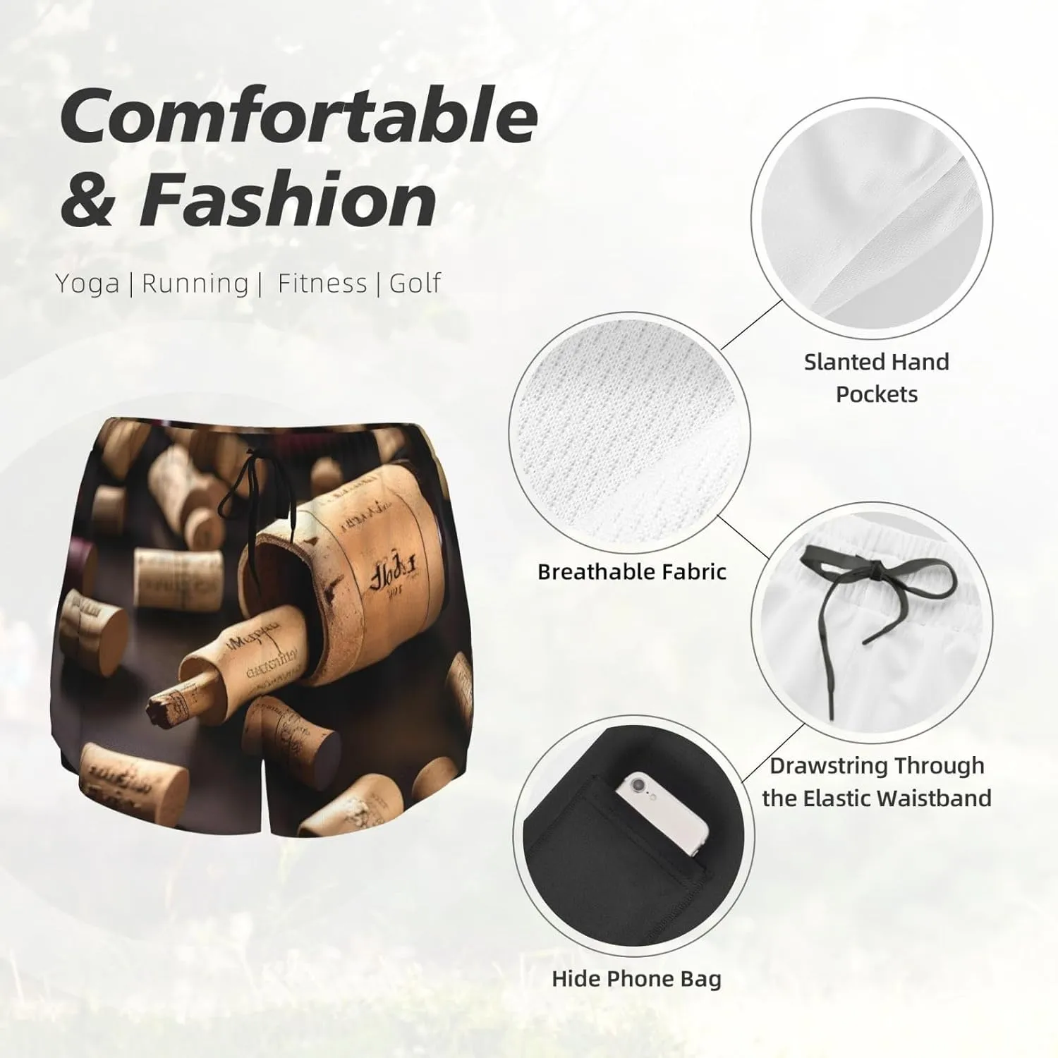 Wine Bottle Cork Print Women's Running Shorts High Waisted Athletic Shorts Quick Dry Gym Workout Shorts