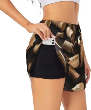 Wine Bottle Cork Print Women's Running Shorts High Waisted Athletic Shorts Quick Dry Gym Workout Shorts