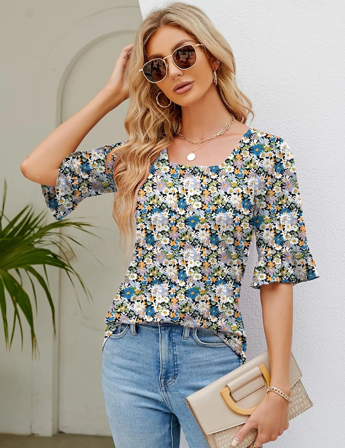 Womens 3/4 Sleeve Shirts Summer Square Neck Bell Sleeve Tops Business Casual Loose Tunic Work Dressy Blouses