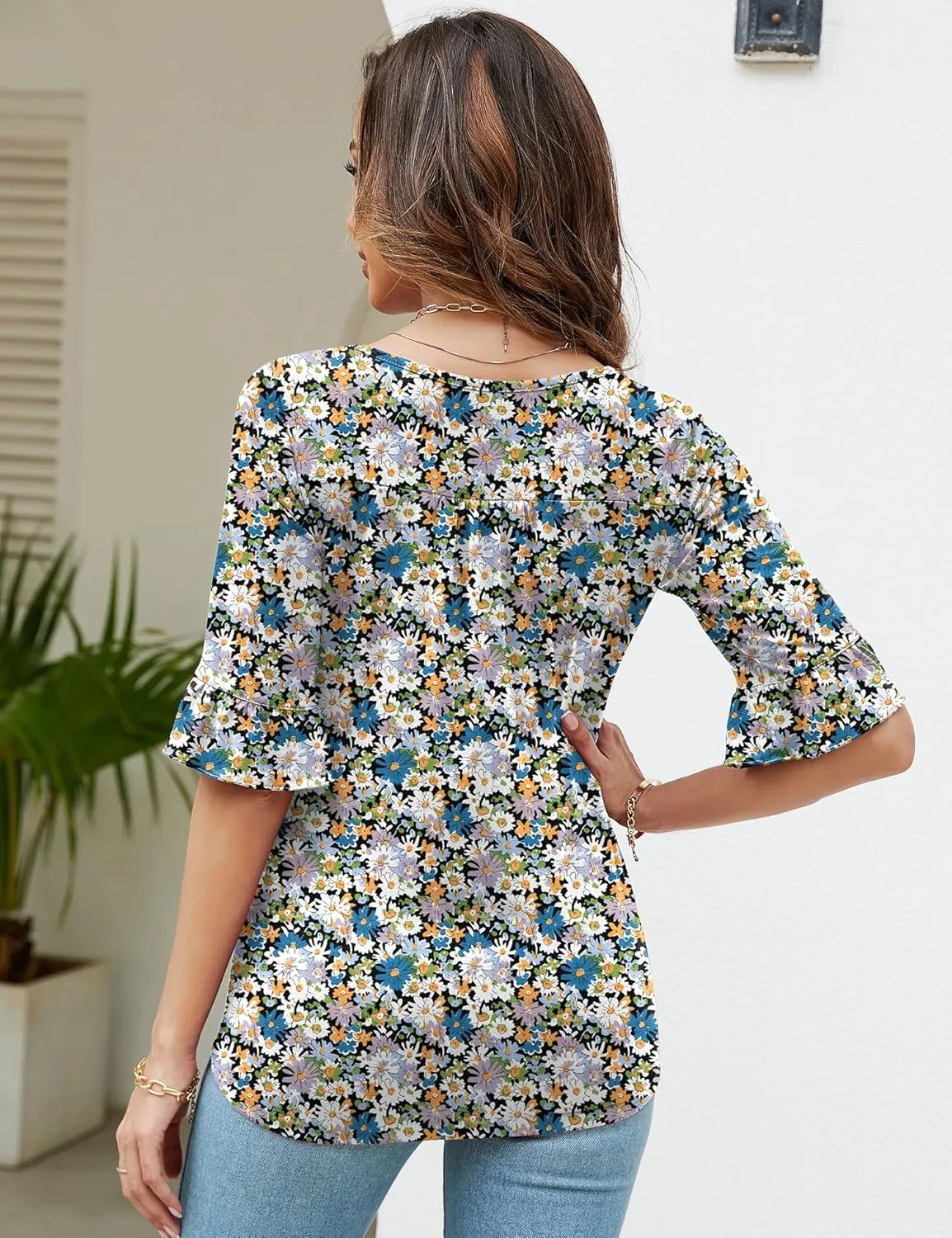 Womens 3/4 Sleeve Shirts Summer Square Neck Bell Sleeve Tops Business Casual Loose Tunic Work Dressy Blouses