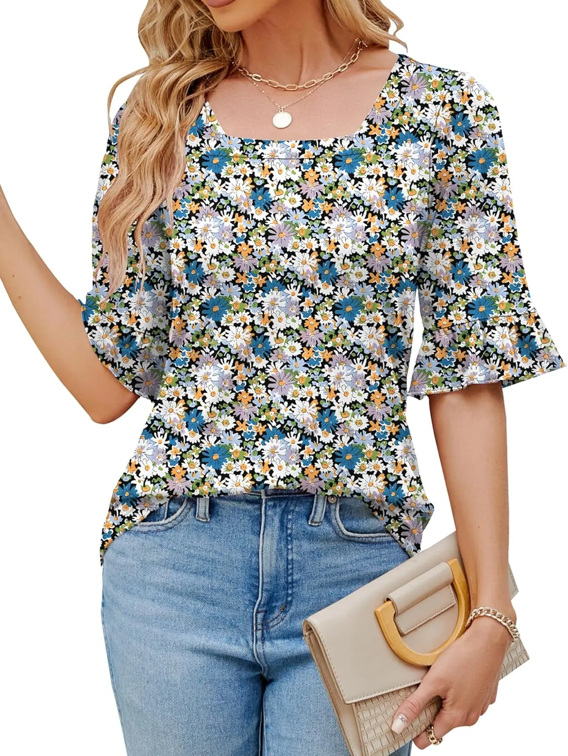 Womens 3/4 Sleeve Shirts Summer Square Neck Bell Sleeve Tops Business Casual Loose Tunic Work Dressy Blouses