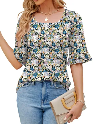 Womens 3/4 Sleeve Shirts Summer Square Neck Bell Sleeve Tops Business Casual Loose Tunic Work Dressy Blouses