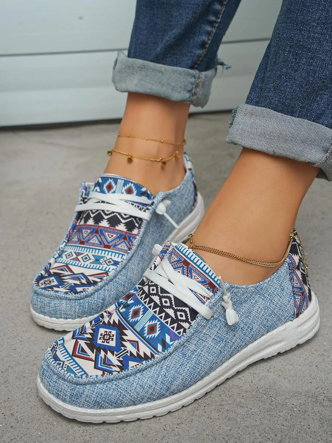 Women's Aztec Print Pattern Canvas Loafer Shoes Ethnic Lace-up Slip-on Sneakers Wide Width and Arch Support Lightweight Walking Breathable Shoes Comfort, Color Blue Brown Rose-Red