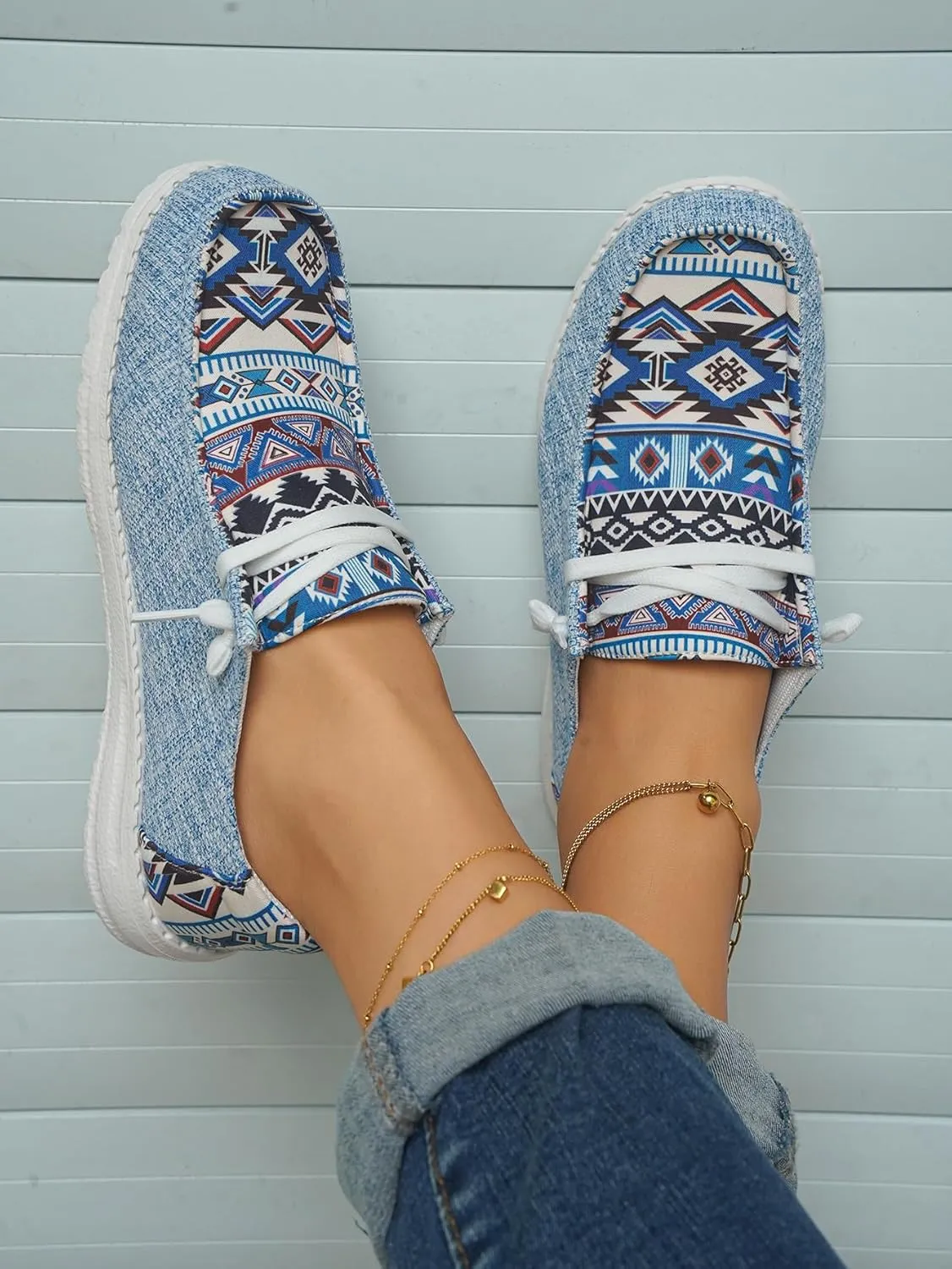 Women's Aztec Print Pattern Canvas Loafer Shoes Ethnic Lace-up Slip-on Sneakers Wide Width and Arch Support Lightweight Walking Breathable Shoes Comfort, Color Blue Brown Rose-Red