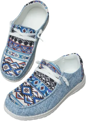 Women's Aztec Print Pattern Canvas Loafer Shoes Ethnic Lace-up Slip-on Sneakers Wide Width and Arch Support Lightweight Walking Breathable Shoes Comfort, Color Blue Brown Rose-Red