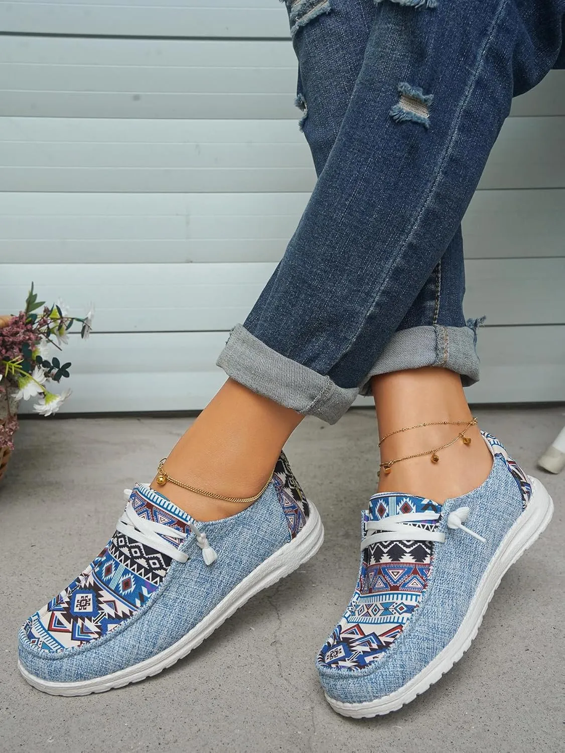 Women's Aztec Print Pattern Canvas Loafer Shoes Ethnic Lace-up Slip-on Sneakers Wide Width and Arch Support Lightweight Walking Breathable Shoes Comfort, Color Blue Brown Rose-Red