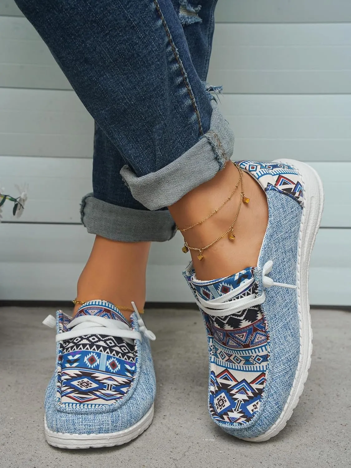 Women's Aztec Print Pattern Canvas Loafer Shoes Ethnic Lace-up Slip-on Sneakers Wide Width and Arch Support Lightweight Walking Breathable Shoes Comfort, Color Blue Brown Rose-Red