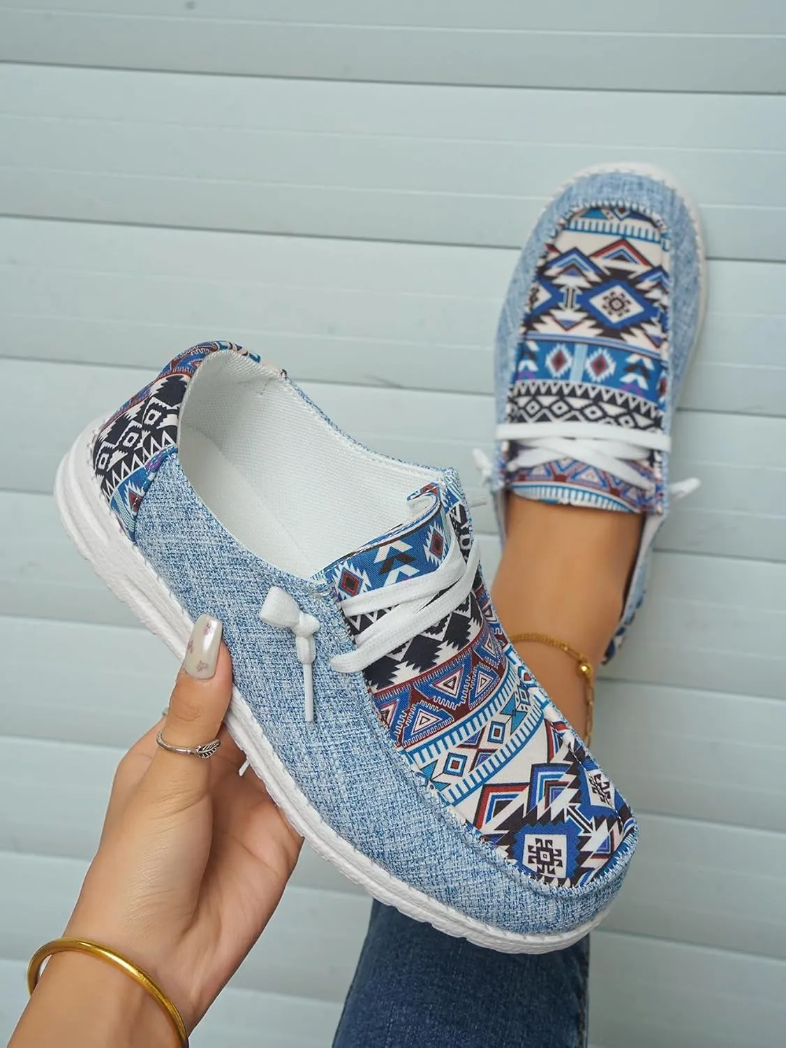 Women's Aztec Print Pattern Canvas Loafer Shoes Ethnic Lace-up Slip-on Sneakers Wide Width and Arch Support Lightweight Walking Breathable Shoes Comfort, Color Blue Brown Rose-Red