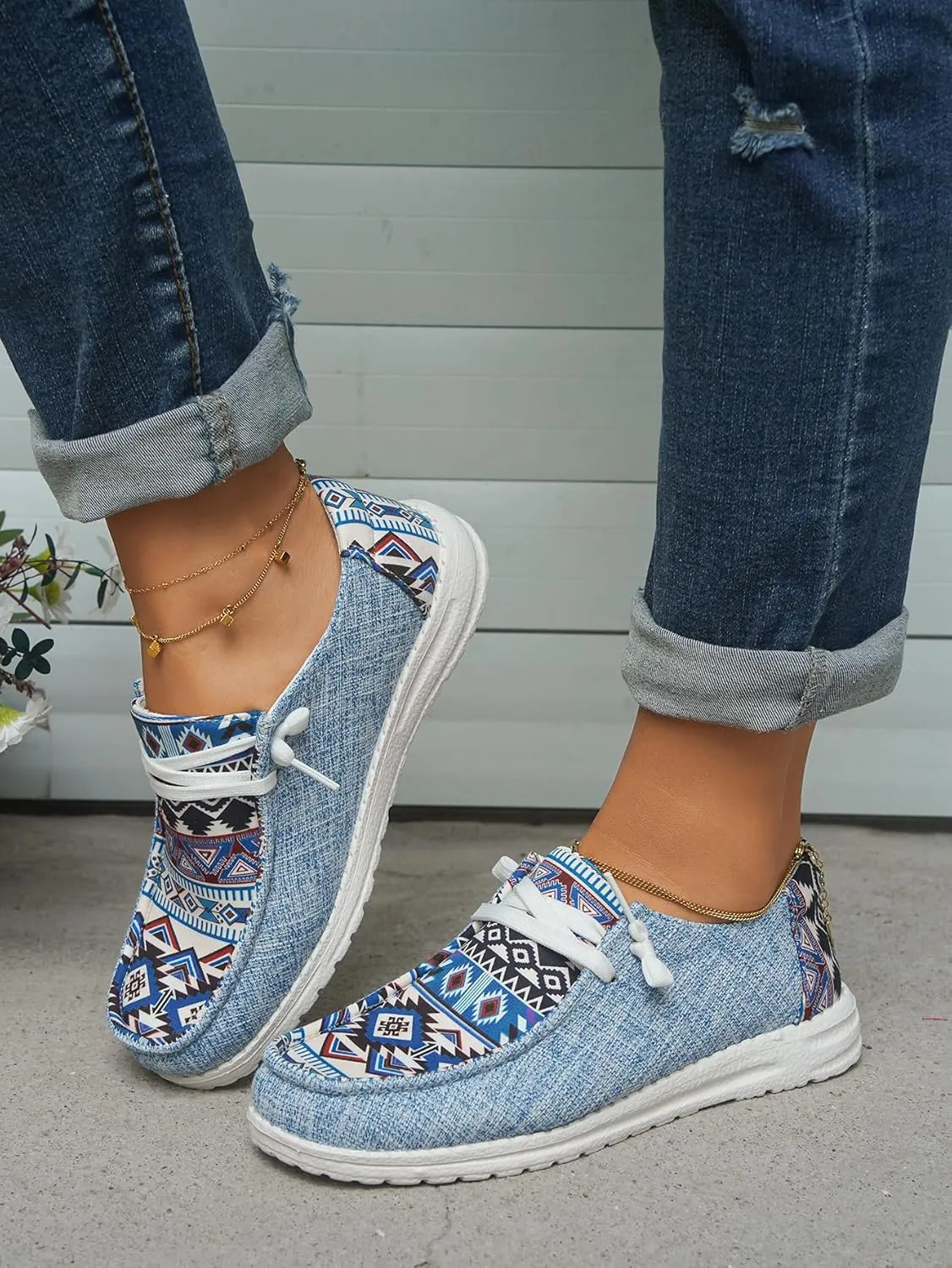 Women's Aztec Print Pattern Canvas Loafer Shoes Ethnic Lace-up Slip-on Sneakers Wide Width and Arch Support Lightweight Walking Breathable Shoes Comfort, Color Blue Brown Rose-Red