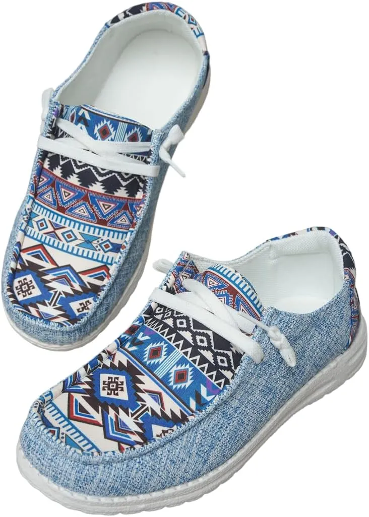 Women's Aztec Print Pattern Canvas Loafer Shoes Ethnic Lace-up Slip-on Sneakers Wide Width and Arch Support Lightweight Walking Breathable Shoes Comfort, Color Blue Brown Rose-Red