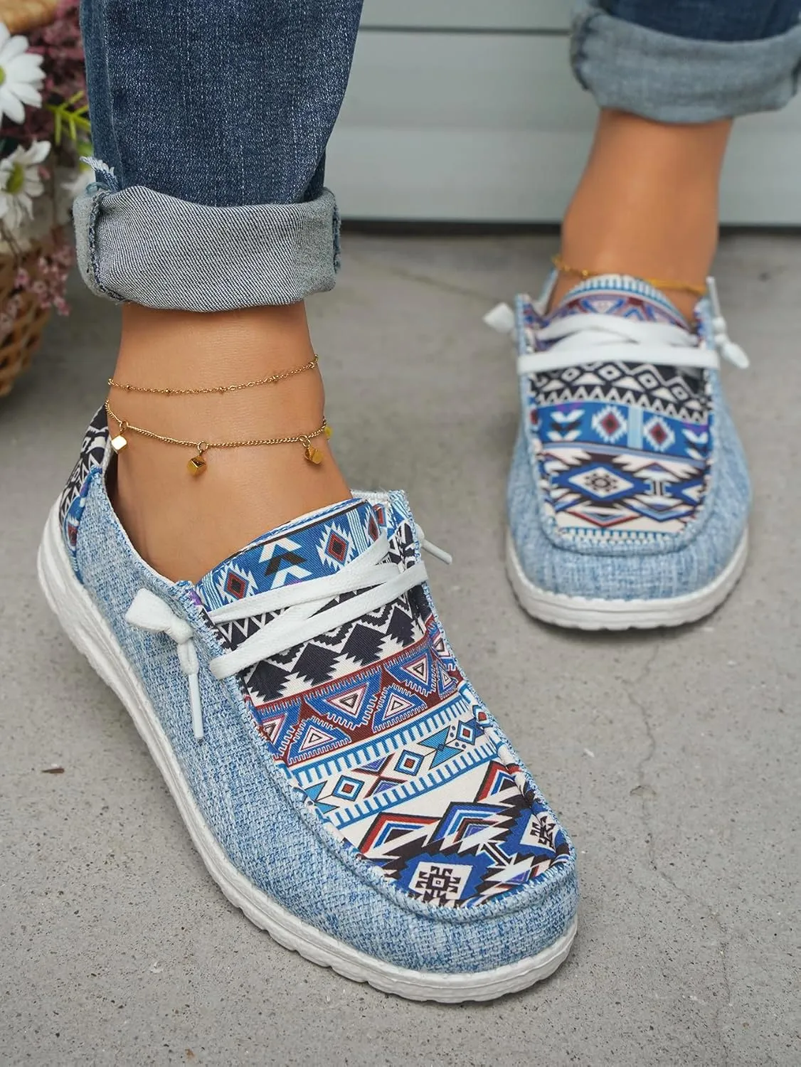Women's Aztec Print Pattern Canvas Loafer Shoes Ethnic Lace-up Slip-on Sneakers Wide Width and Arch Support Lightweight Walking Breathable Shoes Comfort, Color Blue Brown Rose-Red