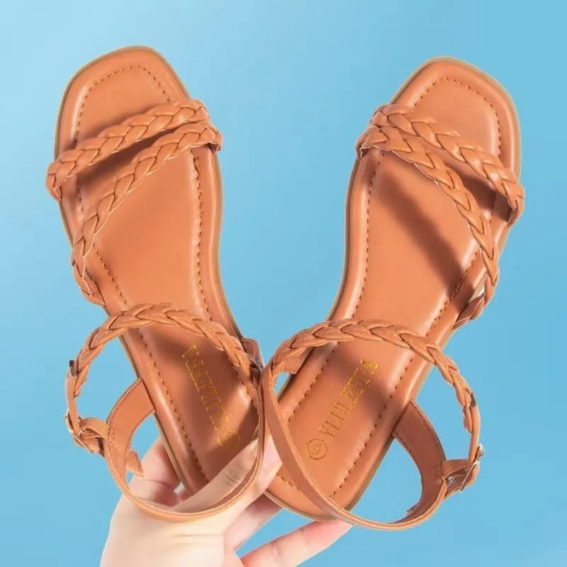 Women's Braided Flat Sandals - Comfortable Cute Square Open Toe Slingback Summer Shoes with Adjustable Ankle Buckle