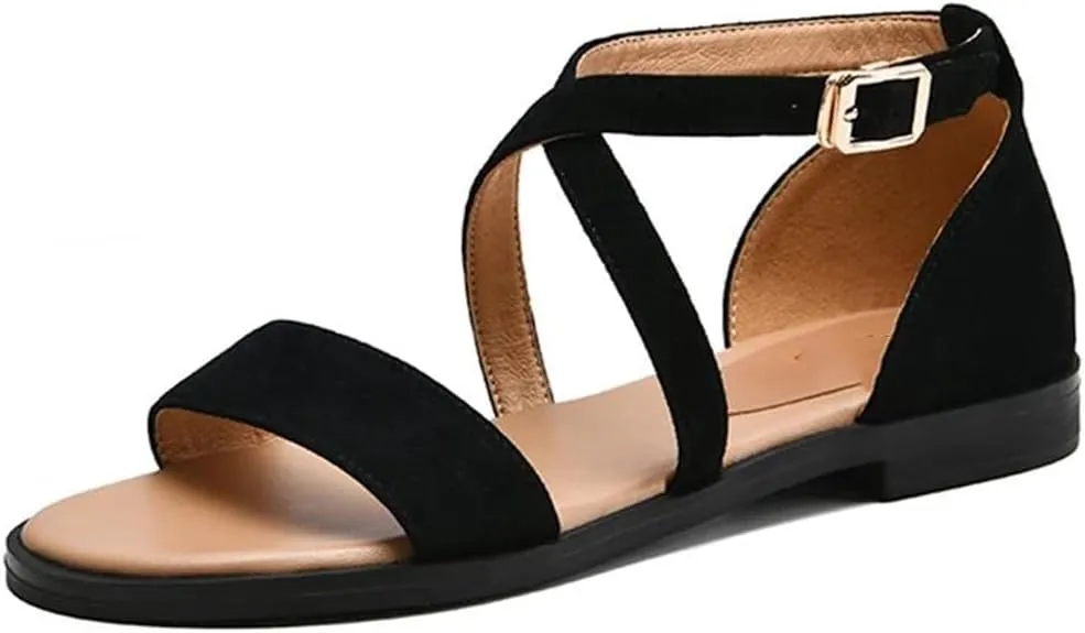 Womens Buckle Strap Cover Heel Flat Heel Open Side Strap Sandals Kid Suede Round Toe Casual Summer Sandals