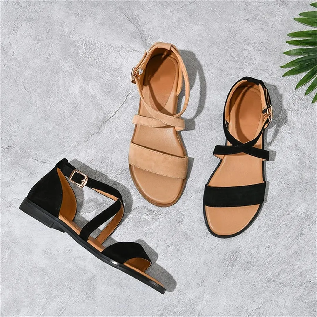 Womens Buckle Strap Cover Heel Flat Heel Open Side Strap Sandals Kid Suede Round Toe Casual Summer Sandals