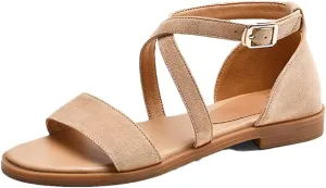 Womens Buckle Strap Cover Heel Flat Heel Open Side Strap Sandals Kid Suede Round Toe Casual Summer Sandals