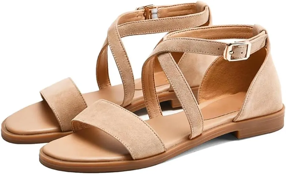 Womens Buckle Strap Cover Heel Flat Heel Open Side Strap Sandals Kid Suede Round Toe Casual Summer Sandals