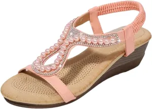 Womens Elastic Band Front Rear Strap Wedge Heel Open Side Vamp Gladiator Sandals PU Upper Diamond Beads