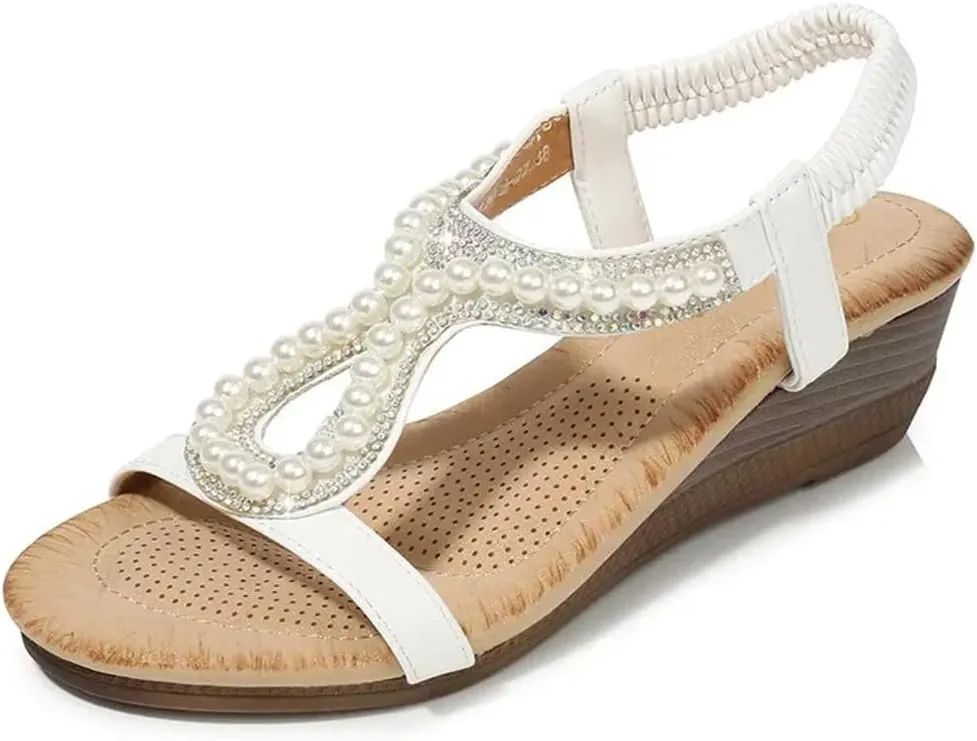 Womens Elastic Band Front Rear Strap Wedge Heel Open Side Vamp Gladiator Sandals PU Upper Diamond Beads