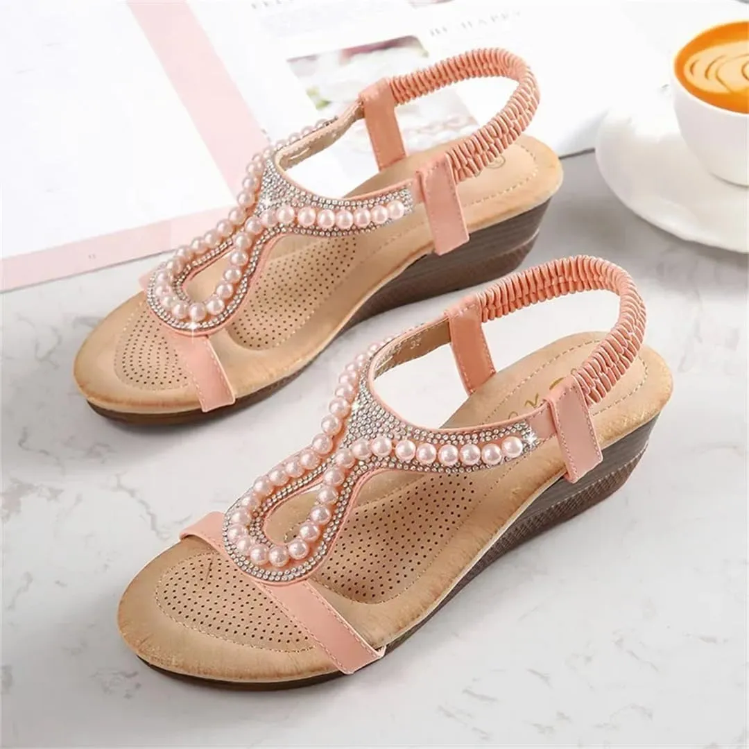 Womens Elastic Band Front Rear Strap Wedge Heel Open Side Vamp Gladiator Sandals PU Upper Diamond Beads
