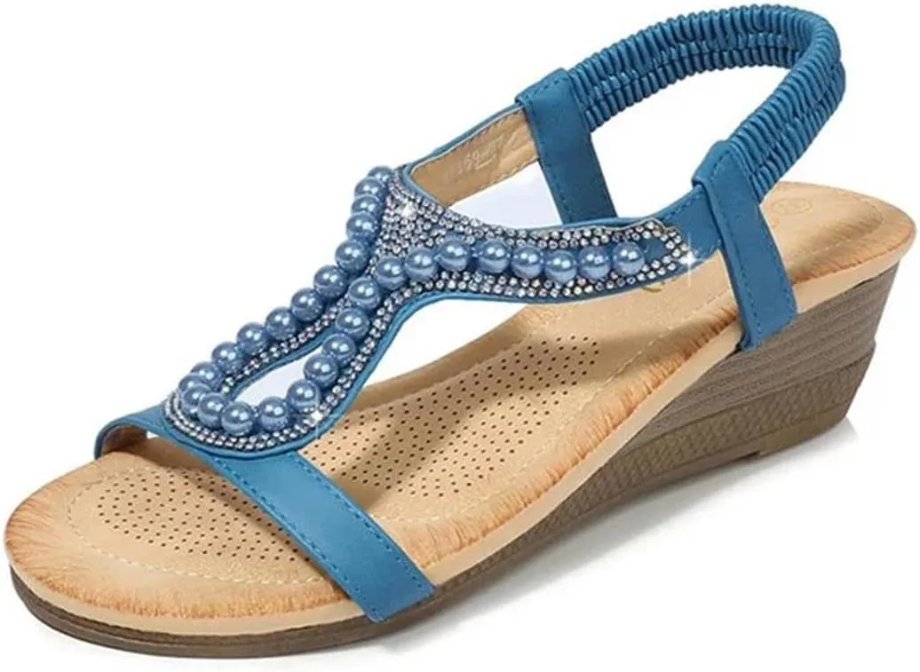 Womens Elastic Band Front Rear Strap Wedge Heel Open Side Vamp Gladiator Sandals PU Upper Diamond Beads