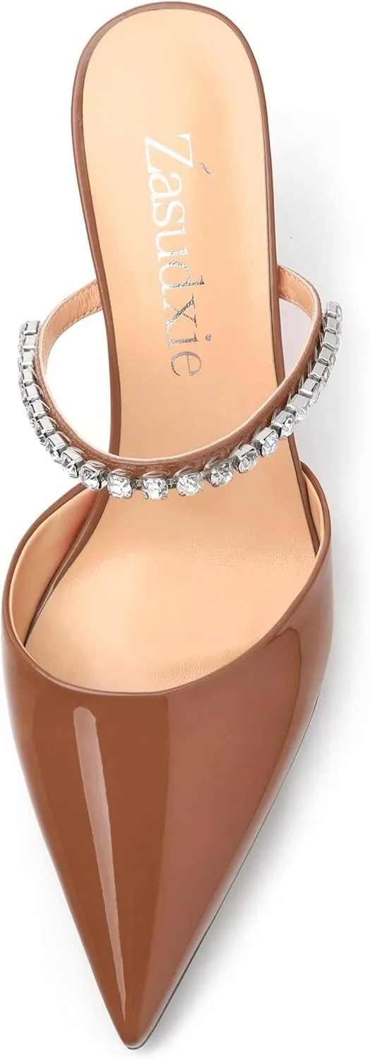 Womens Heeled Sandals Rhinestones Strap Pointed Toe Stiletto High Heels Fashion Dress Mules Shoes For Women 2.5 Inch