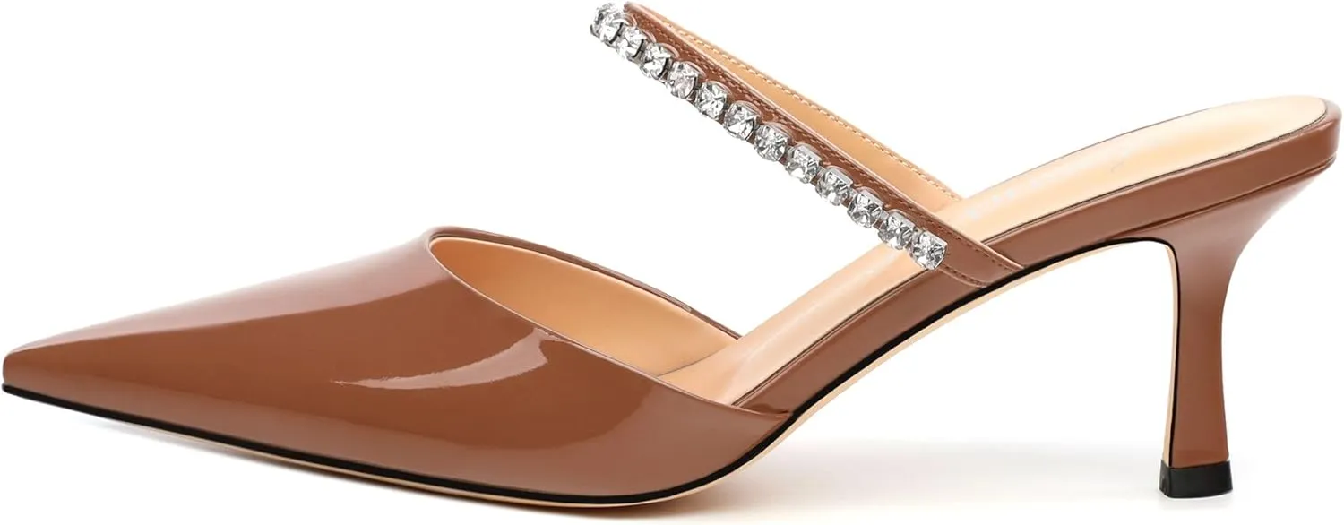 Womens Heeled Sandals Rhinestones Strap Pointed Toe Stiletto High Heels Fashion Dress Mules Shoes For Women 2.5 Inch