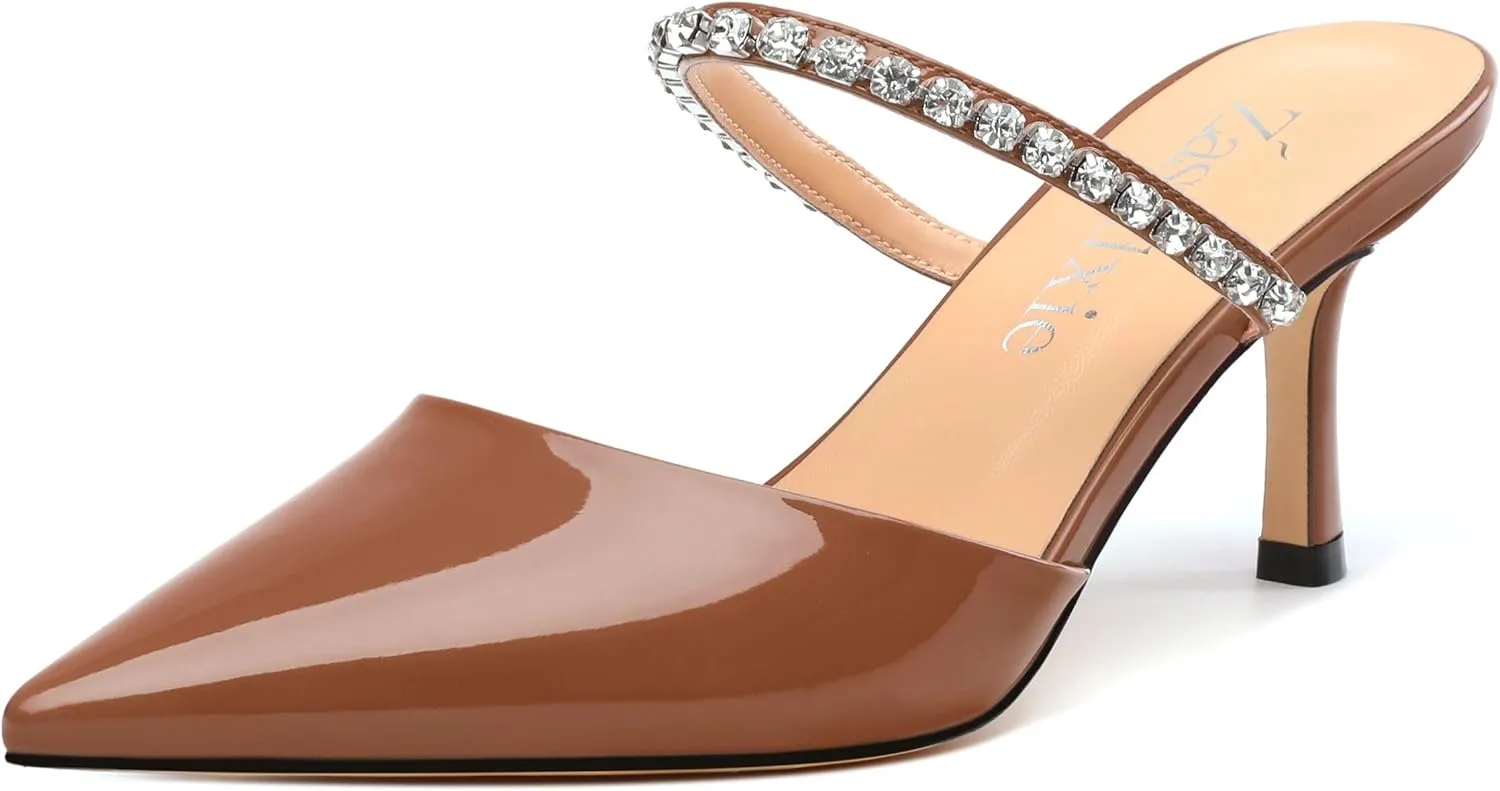 Womens Heeled Sandals Rhinestones Strap Pointed Toe Stiletto High Heels Fashion Dress Mules Shoes For Women 2.5 Inch