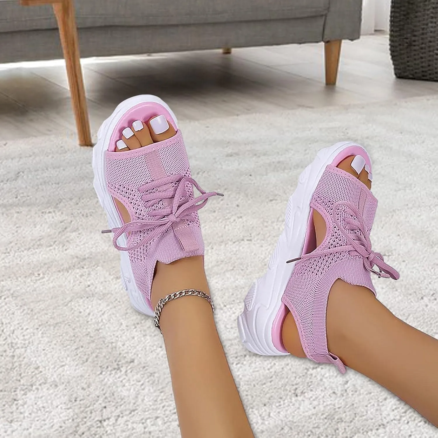 Women's Lace Up Muffin Sandals 2025 Summer Mesh Open Toe Platform Wedge Sandals Casual Thick Soled Beach Comfy Sports Sandals